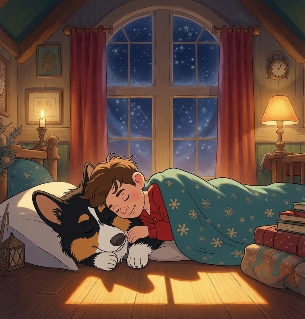Max and Leo asleep in a candlelit attic bedroom, noses touching, snow falling past the window