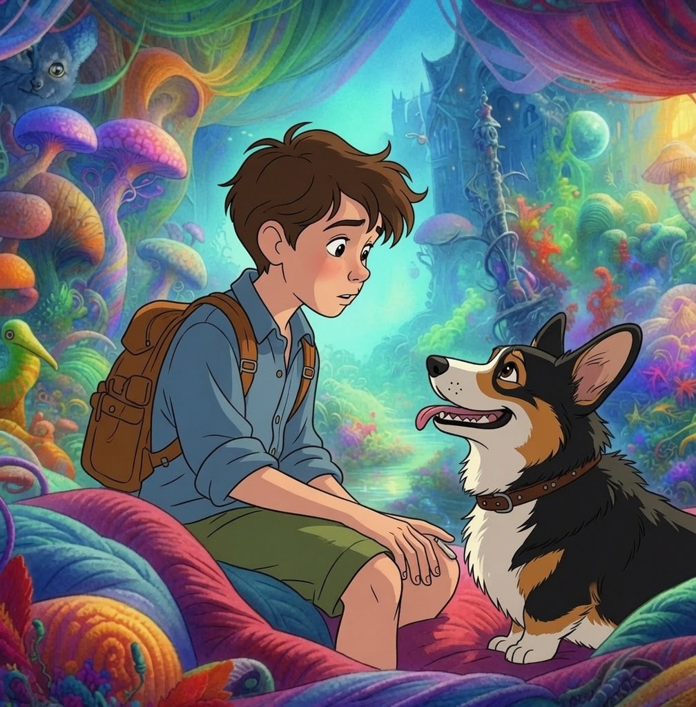 Max and Leo arriving wide-eyed in a dream world of glowing color