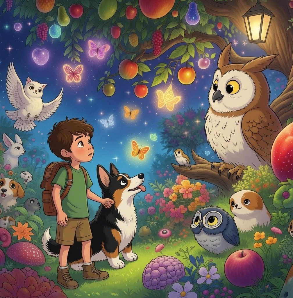 Max and Leo meeting a wise owl in a glowing dream garden