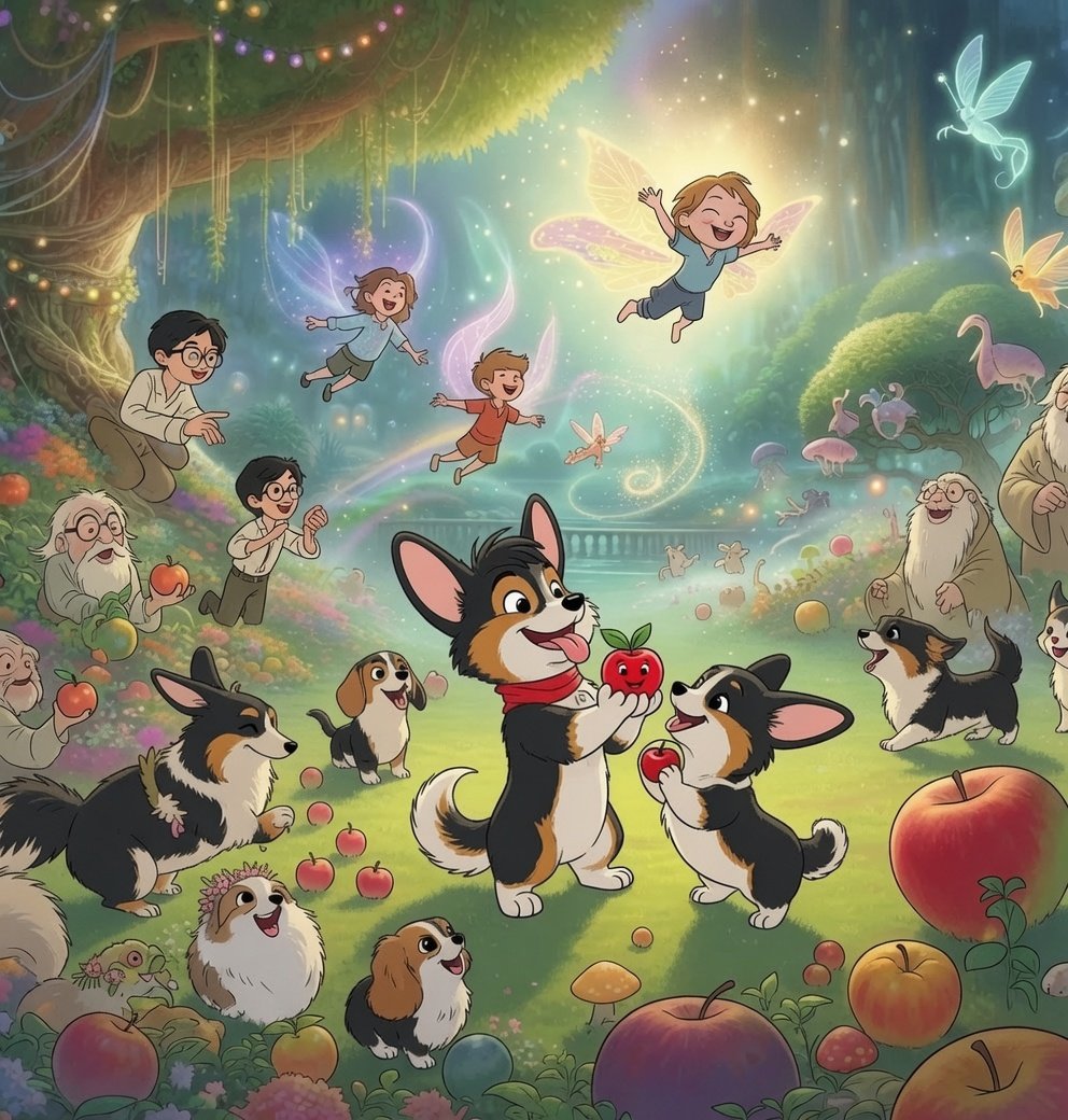 Corgis and dream creatures celebrating in a glowing garden